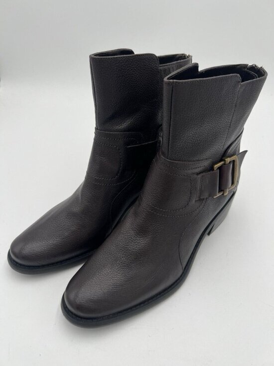 Nine West Shoes - Nine West Sylvia Ankle Boots Brown Pebbled Leather Buckle Block Heel Size 9 NWOB